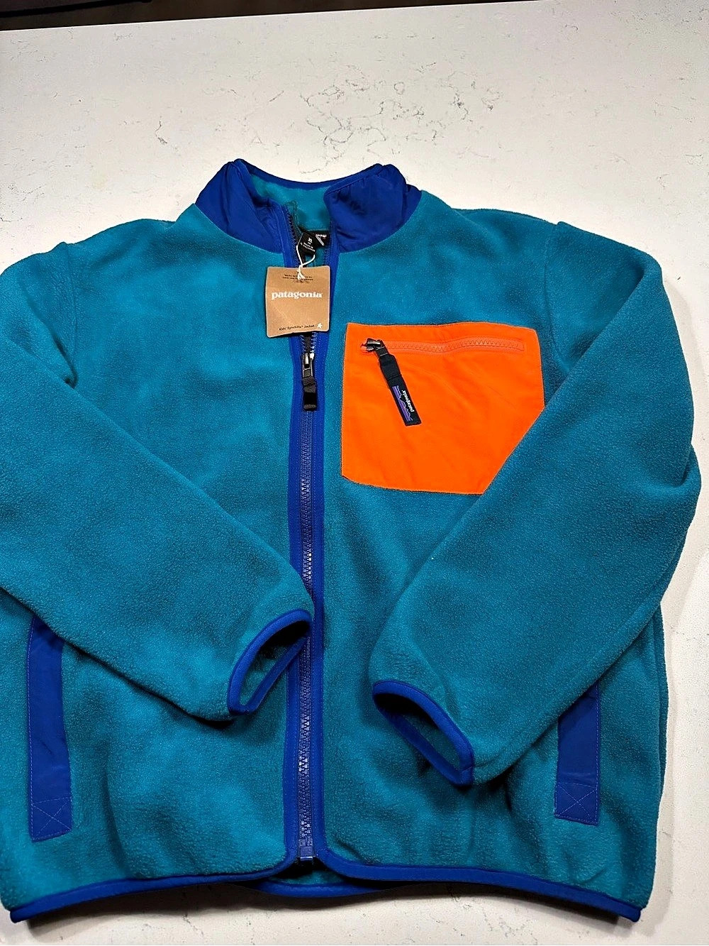 Patagonia Kids Synchilla Full Zip Fleece Jacket XL 14 Teal Orange Blue NWT